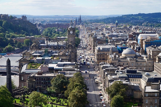 An aerial view of Edinburgh, Scotland, looking resplendant. 