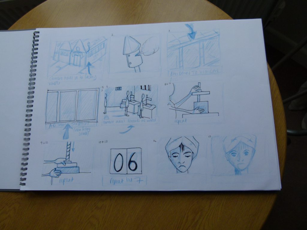 page of sketch book showing storyboard 