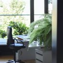 desk and chair by a window with a plant