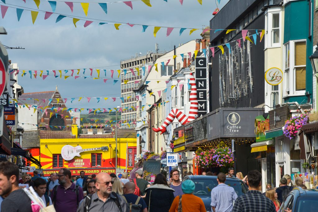 street scene with bunting across road