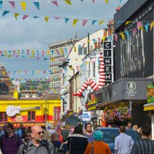 street scene with bunting across road