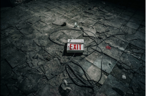 an exit sign sitting in a pile of rubble 