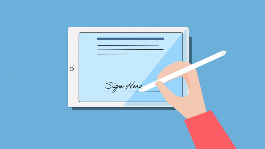 vector image of hand sigining an ipad